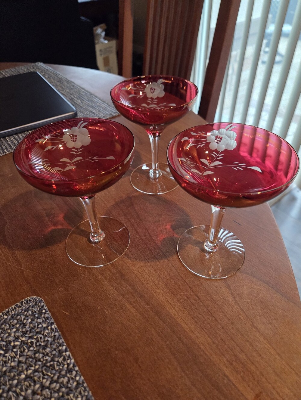Vintage Cranberry Cut To Clear Bohemian Cutwork Coup Glasses (3)